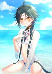 Rule 34 | 1boy, absurdres, arm tattoo, beach, crossdressing, fang, feminization, genshin impact, green hair, highres, kyooami, long sleeves, male focus, midriff, multicolored hair, navel, ocean, open mouth, short hair, solo, stomach, swimsuit, tattoo, thighs, xiao (genshin impact), yellow eyes