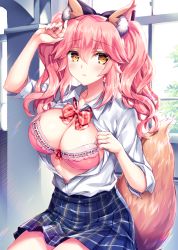 Rule 34 | 1girl, animal ear fluff, animal ears, arm up, blue skirt, blush, bow, bowtie, bra, breasts, brown eyes, cleavage, collared shirt, commentary request, dress shirt, fate/grand order, fate (series), fox ears, fox girl, fox tail, fukase ayaka, hair between eyes, hand on own head, indoors, large breasts, long hair, looking at viewer, miniskirt, official alternate costume, open clothes, open shirt, parted lips, pink bra, pink hair, plaid, plaid skirt, pleated skirt, red bow, red bowtie, red ribbon, ribbon, ribbon-trimmed bra, shirt, short sleeves, sidelocks, sitting, skirt, smile, solo, striped bow, striped bowtie, striped clothes, striped neckwear, tail, tamamo (fate), tamamo no mae (fate/extra), twintails, underwear, wavy hair, white shirt, window, wing collar