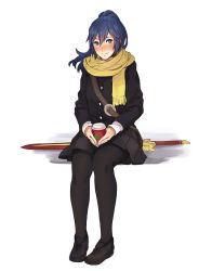 Rule 34 | 1girl, blush, coffee, contemporary, falchion (fire emblem), fire emblem, fire emblem awakening, gloves, jacket, kamu (kamuuei), long hair, looking at viewer, lucina (fire emblem), nintendo, pantyhose, scarf, school uniform, skirt, smile, solo, sword, weapon, winter clothes