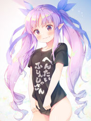 Rule 34 | 1girl, black shirt, blue ribbon, blush, bottomless, closed mouth, clothes writing, collarbone, commentary request, covering privates, covering crotch, cowboy shot, embarrassed, gradient hair, groin, hair ribbon, highres, kyouka (princess connect!), light, long hair, looking down, masaki kei, multicolored hair, naked shirt, pink eyes, pink hair, pointy ears, princess connect!, purple hair, ribbon, shirt, short sleeves, sidelocks, solo, standing, t-shirt, tears, translation request, twintails, very long hair, white background