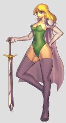 Rule 34 | 1990s (style), 1girl, blonde hair, blue eyes, boots, breasts, cape, celes chere, final fantasy, final fantasy vi, full body, hashira w, highres, large breasts, leotard, long hair, planted sword, planted, solo, sword, thigh boots, thighhighs, weapon
