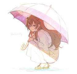 Rule 34 | 1girl, absurdres, brown footwear, brown hair, butterfly (love live!), closed mouth, double bun, dress, from side, full body, hair between eyes, hair bun, highres, holding, holding umbrella, hotechige, konoe kanata, light smile, long dress, long hair, looking at viewer, looking to the side, love live!, love live! nijigasaki high school idol club, puddle, purple eyes, sandals, shade, sidelocks, simple background, sleeves past elbows, solo, song name, squatting, umbrella, watch, water, white background, white dress, wristwatch