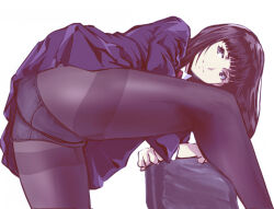 Rule 34 | 1girl, arm support, ass, bent over, black hair, black pantyhose, blue jacket, blue skirt, blunt bangs, closed mouth, feet out of frame, from behind, grey eyes, jacket, kamisimo 90, legs, long hair, long sleeves, looking at viewer, looking back, miniskirt, necktie, original, panties, panties under pantyhose, pantyhose, pleated skirt, red necktie, school uniform, sidelocks, simple background, skirt, smile, solo, thighband pantyhose, thighs, underwear, white background