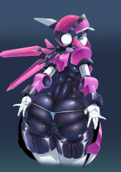Rule 34 | 1girl, android, ass, bad id, bad pixiv id, black skin, blue background, blue eyes, blush, bottomless, breasts, cleft of venus, colored skin, commentary request, cowboy shot, from behind, gloves, gradient background, hat, highres, humanoid robot, looking at viewer, looking back, medium breasts, motoroid pinkle (polynian), no mouth, panties, panty pull, partially visible vulva, pinkle (polynian), pochincoff, robot, robot neoanthropinae polynian, shiny skin, solo, standing, underwear, wedgie, white gloves
