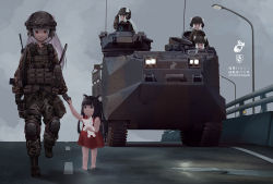 Rule 34 | 5girls, animal ears, armored vehicle, barefoot, black footwear, black gloves, black hair, blue eyes, boots, camouflage, camouflage jacket, camouflage pants, child, chinese commentary, chinese text, combat helmet, commentary request, dress, ears through headwear, fang zhenjun, full body, gloves, headphones, helmet, holding hands, jacket, knee pads, long hair, looking at another, microphone, military, military vehicle, multiple girls, original, pants, red dress, red eyes, short hair, soldier, stuffed animal, stuffed cat, stuffed toy, tactical clothes, translation request, walking, white hair