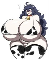 Rule 34 | 1girl, :&gt;, @ @, ahoge, animal ears, animal print, arms behind back, bell, bikini, blush, breasts, collar, cow ears, cow horns, cow print, cowbell, cowboy shot, creatures (company), female focus, game freak, gigantic breasts, hair between eyes, hex maniac (pokemon), highres, horns, huge breasts, matching hair/eyes, momijizx, nintendo, open mouth, pale skin, pokemon, pokemon xy, purple eyes, purple hair, simple background, skindentation, solo, standing, swimsuit, thick thighs, thighhighs, thighs, white background, wide hips