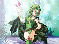 Rule 34 | 1990s (style), 1girl, belt, breasts, cape, cleavage, final fantasy, final fantasy iv, get, green eyes, green hair, large breasts, leotard, matching hair/eyes, outdoors, rydia (ff4), solo, thighhighs