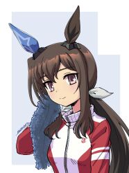 Rule 34 | 1girl, admire vega (umamusume), animal ears, as&#039;maria, breasts, brown hair, closed mouth, drying, drying hair, highres, holding, holding towel, horse ears, jacket, long hair, long sleeves, looking at viewer, low ponytail, open clothes, open jacket, pink eyes, red jacket, signature, small breasts, smile, solo, towel, umamusume, upper body