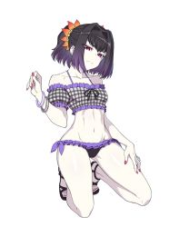 Rule 34 | bracelet, collarbone, feet, flower hair ornament, frown, hair ornament, highres, hyperbudd, jewelry, mole, mole under eye, nail polish, open-toe shoes, purple eyes, purple hair, red nails, sandals, sitting, swimsuit, symonne (tales), tales of (series), tales of zestiria, toenail polish, toenails, twintails