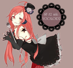 Rule 34 | 1girl, ahoge, black dress, dress, elbow gloves, fingerless gloves, gloves, gmanee, hat, headphones, long hair, microphone, microphone stand, mini hat, mini top hat, pantyhose, red eyes, red hair, red pantyhose, sf-a2 miki, smile, solo, striped clothes, striped pantyhose, top hat, vertical-striped clothes, vertical-striped pantyhose, vintage microphone, vocaloid