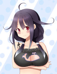 Rule 34 | 1girl, adapted costume, ahoge, bra, breasts, cat lingerie, cleavage cutout, clothing cutout, hair flaps, hair ornament, highres, kantai collection, large breasts, lingerie, looking at viewer, low twintails, meme attire, parody, purple hair, red eyes, solo, taigei (kancolle), twintails, underwear, underwear only, whale, whale keyhole bra, zubi (skylinezb)