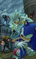 Rule 34 | 2boys, absurdres, boots, castle, floating, furry, furry male, gloves, green eyes, hedgehog, highres, looking back, male focus, multiple boys, pointing, psychic, robot, silver the hedgehog, sonic (series), sonic the hedgehog, sonic the hedgehog (2006), tyler mcgrath, weapon, white gloves, yellow eyes
