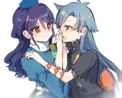 Rule 34 | 2girls, blue dress, blue eyes, blue hair, blurry, commentary request, covering another&#039;s mouth, dark blue hair, depth of field, dress, eye contact, from side, hair behind ear, hand on another&#039;s face, hands up, hat, himemushi momoyo, iizunamaru megumu, long hair, looking at another, multiple girls, profile, red eyes, shukinuko, simple background, sleeves past elbows, soft focus, tokin hat, touhou, upper body, very long hair, white background, yuri