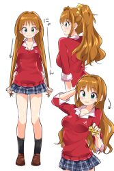 Rule 34 | 1girl, :3, alternate hairstyle, arm up, black socks, blue skirt, blush, breasts, brown footwear, brown hair, closed mouth, collarbone, from behind, full body, green eyes, hair ornament, hair scrunchie, high ponytail, hino akane (idolmaster), holding, holding own hair, holding scrunchie, idolmaster, idolmaster cinderella girls, idolmaster cinderella girls starlight stage, loafers, long hair, long sleeves, looking at another, looking at viewer, medium breasts, miniskirt, multiple views, plaid, plaid skirt, pleated skirt, pulling own hair, red sweater, school uniform, scrunchie, shoes, simple background, skirt, sleeves rolled up, smile, socks, solo, standing, sweater, trente, v-shaped eyebrows, white background, yellow scrunchie