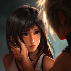Rule 34 | 1boy, 1girl, absurdres, bare shoulders, black hair, blonde hair, caress, cloud strife, earrings, final fantasy, final fantasy vii, final fantasy vii remake, hand on another&#039;s face, highres, jewelry, lips, long hair, looking at another, red eyes, safaia, smile, spiked hair, tank top, tifa lockhart, upper body, white tank top