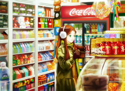Rule 34 | 1girl, bad id, bad pixiv id, brown hair, candy, coat, coca-cola, convenience store, derivative work, earmuffs, food, gloves, green eyes, long hair, original, product placement, shite kudasai, shop, skittles, solo, wallet, winter clothes