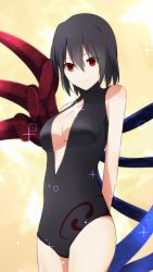 Rule 34 | 1girl, aono meri, arms behind back, asymmetrical wings, bad id, bad pixiv id, black hair, cleavage cutout, clothing cutout, gradient background, highres, houjuu nue, looking at viewer, one-piece swimsuit, red eyes, short hair, smile, solo, sparkle, swimsuit, touhou, wings, yellow background