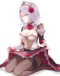 Rule 34 | 1girl, absurdres, apron, armor, black pantyhose, boobplate, breastplate, breasts, cleavage, clothes lift, genshin impact, green eyes, half-closed eyes, highres, huge filesize, lifted by self, looking to the side, maid, maid apron, maid headdress, medium breasts, noelle (genshin impact), pantyhose, saibe, seiza, silver hair, simple background, sitting, skirt, skirt lift, solo, white background