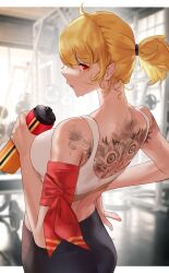 Rule 34 | 1girl, absurdres, aragiken, armband, back, bare shoulders, blonde hair, bottle, from behind, gym, hand on own hip, highres, hololive, hololive indonesia, kaela kovalskia, looking at viewer, looking back, pants, red eyes, short ponytail, solo, sports bra, standing, sweat, tattoo, virtual youtuber, water bottle, yoga pants