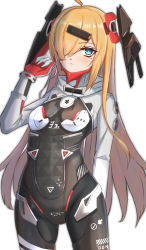 Rule 34 | 1girl, absurdres, arm behind back, arm up, blonde hair, blue eyes, bodysuit, closed mouth, feet out of frame, girls&#039; frontline, gloves, hair between eyes, hair ornament, hair over one eye, highres, long hair, looking at viewer, mg36 (black dragon towering over s09) (girls&#039; frontline), mg36 (blue dragon stands above sector 09) (girls&#039; frontline), mg36 (girls&#039; frontline), mole, mole under eye, multicolored bodysuit, multicolored clothes, multicolored gloves, official alternate costume, omurainu, one eye covered, solo, standing, white background