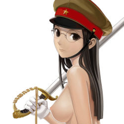 Rule 34 | 1girl, bad id, bad pixiv id, bocorot, breasts, brown eyes, brown hair, glasses, gloves, hat, imperial japanese army, long hair, looking back, military, military hat, military uniform, nude, original, peaked cap, saber (weapon), solo, sword, uniform, weapon, white gloves