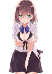 Rule 34 | 1girl, azuuru, black skirt, blush, bra, breast hold, breasts, brown hair, cleavage, commentary request, embarrassed, front-tie top, green eyes, highres, looking at viewer, medium breasts, open clothes, open mouth, open shirt, open skirt, original, pleated skirt, revision, school uniform, shirt, short hair, simple background, skirt, solo, sweat, underwear, undressing, white background, white bra