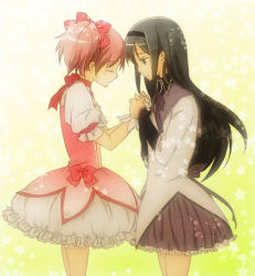 10s 2girls akemi_homura akemi_homura_(magical_girl) bad_id bad_pixiv_id black_hair bubble_skirt closed_eyes holding_hands kaname_madoka kaname_madoka_(magical_girl) kissa long_hair magical_girl mahou_shoujo_madoka_magica mahou_shoujo_madoka_magica_(anime) multiple_girls no_legwear pink_hair short_hair short_twintails skirt star_(symbol) tears twintails yellow_background