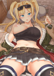 Rule 34 | 1girl, arm grab, ass, bare shoulders, belt, black panties, black shirt, black skirt, blonde hair, blue eyes, blush, boots, braid, breasts, commentary request, crop top, eyewear on head, french braid, frown, fur-trimmed jacket, fur trim, gluteal fold, granblue fantasy, green jacket, hair intakes, held down, holding another&#039;s wrist, jacket, large breasts, long hair, long sleeves, looking at viewer, lying, midriff, miniskirt, navel, nipples, no bra, on back, one breast out, open clothes, open jacket, open mouth, panties, parted bangs, pleated skirt, pov, restrained, revision, sack, shirt, skirt, solo focus, spaghetti strap, sunglasses, sweatdrop, thigh boots, thighhighs, thighhighs under boots, underwear, upskirt, yasojima nejiro, zeta (dark) (granblue fantasy), zeta (granblue fantasy)