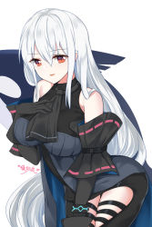 Rule 34 | 1girl, arknights, ascot, bare shoulders, black ascot, black gloves, black pants, breasts, chinese commentary, clothing cutout, commentary request, cowboy shot, gloves, hair between eyes, hand on own chest, highres, large breasts, leggings, lingshalan, long hair, looking at viewer, no headwear, pants, parted lips, partial commentary, red eyes, sidelocks, silver hair, simple background, skadi (arknights), skadi (elite ii) (arknights), smile, solo, standing, thigh cutout, thighs, very long hair, white background
