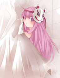 Rule 34 | 1girl, blush, commentary request, expressionless, fox mask, hammer (sunset beach), hata no kokoro, long hair, looking at viewer, mask, nude, pink eyes, see-through silhouette, shower curtain, solo, touhou
