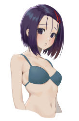 Rule 34 | 1girl, bare shoulders, blue bra, blush, bra, breasts, carlo montie, collarbone, cropped arms, cropped torso, eyelashes, female focus, hair between eyes, hair strand, highres, lips, looking at viewer, midriff, navel, parted lips, raised eyebrows, sairenji haruna, simple background, small breasts, solo, to love-ru, underwear, white background