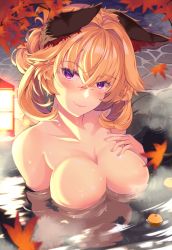 Rule 34 | 1girl, animal ear fluff, animal ears, arm under breasts, autumn leaves, blonde hair, blush, breasts, cleavage, closed mouth, collarbone, fox ears, hair between eyes, hair up, hand on own chest, head tilt, highres, large breasts, light, long hair, looking at viewer, mizuyoukan (mikususannda), night, nude, onsen, original, partially submerged, purple eyes, ripples, sidelocks, smile, solo, tsurime, wet