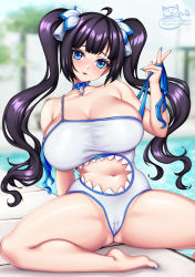 Rule 34 | 1girl, bare shoulders, barefoot, black hair, blue eyes, blue toenails, blurry, blurry background, blush, breasts, cameltoe, cleavage, clothing cutout, collarbone, day, dungeon ni deai wo motomeru no wa machigatteiru darou ka, feet, hair ribbon, hestia (danmachi), highres, large breasts, long hair, looking at viewer, nail polish, navel, one-piece swimsuit, outdoors, parted lips, pool, ribbon, sevie, shiny skin, sitting, solo, spread legs, stomach cutout, swimsuit, toenail polish, toenails, toes, twintails