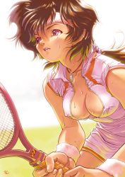 Rule 34 | 1girl, artist name, breasts, brown hair, covered erect nipples, female focus, headband, highres, holding, jewelry, kobayashi yuji, medium breasts, necklace, no bra, open clothes, racket, solo, sweat, tennis, tennis racket, unzipped, wristband