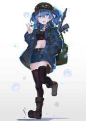 Rule 34 | 1girl, backpack, bag, belt, black footwear, black sports bra, black thighhighs, blue eyes, blue hair, blue jacket, blue skirt, boots, bubble, commentary request, falken (yutozin), flat cap, goggles, goggles on headwear, gradient background, green hat, grey background, hair between eyes, hair bobbles, hair ornament, hand in pocket, hat, highres, jacket, jewelry, kappa, kawashiro nitori, key, leg up, looking at viewer, midriff, miniskirt, necklace, open clothes, open jacket, open mouth, patch, pouch, skirt, solo, splashing, sports bra, thighhighs, touhou, two side up, v, zettai ryouiki