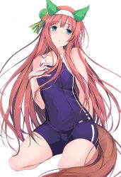 Rule 34 | 1girl, animal ears, blue one-piece swimsuit, blue school swimsuit, commentary request, ear covers, flat chest, green eyes, hairband, hime cut, horse ears, horse girl, horse tail, nontraditional school swimsuit, one-piece swimsuit, orange hair, school swimsuit, silence suzuka (umamusume), simple background, solo, swimsuit, tail, tracen swimsuit, umamusume, white background, white hairband, yumesato makura