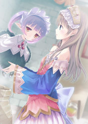 Rule 34 | 2girls, atelier (series), atelier totori, bare shoulders, blue eyes, blush, bow, brown hair, chim (atelier), detached sleeves, dress, female focus, itsui (dihydrogenmonoxid), jar, jitome, long hair, maid headdress, minase yuu, multiple girls, purple hair, size difference, sleeves past wrists, totooria helmold, twintails