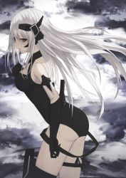 Rule 34 | 1girl, absurdres, arm knife, ass, backless leotard, bad id, bad pixiv id, black gloves, black leotard, cloud, cloud background, cloudy sky, dot triangle, elbow gloves, from side, gager (girls&#039; frontline), girls&#039; frontline, gloves, green eyes, grey hair, halterneck, hand on own chest, headset, highres, knife, leotard, long hair, looking at viewer, parted lips, sangvis ferri, sky, solo, strap, thomas 8000, very long hair