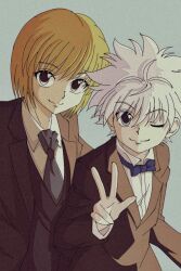 Rule 34 | 2boys, ascot, blue eyes, bow, bowtie, child, collared shirt, enoki (gongindon), formal, highres, hunter x hunter, killua zoldyck, kurapika, looking at viewer, male focus, multiple boys, one eye closed, shirt, short hair, simple background, smile, spiked hair, suit, upper body, v, vest, white hair