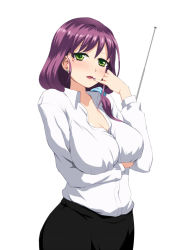 Rule 34 | 1girl, bad id, bad pixiv id, blush, breast hold, breasts, cleavage, earrings, ereraero, finger to mouth, green eyes, huge breasts, jewelry, looking at viewer, mole, nail polish, open mouth, pinky out, pointer, purple hair, simple background, solo, standing, white background