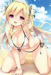 Rule 34 | 1girl, all fours, arm support, barefoot, beach, bikini, blonde hair, blush, bracelet, breasts, cleavage, cloud, day, emily (pure dream), hair intakes, hair ribbon, highres, jewelry, kneeling, large breasts, long hair, looking at viewer, navel, open mouth, outdoors, pink eyes, ribbon, ring, sand, shiny skin, sky, solo, swimsuit, two side up, white bikini, wristband