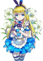 Rule 34 | 1girl, alice (alice in wonderland), alice in wonderland, animal, apron, belt, blonde hair, blue dress, blue eyes, blue gloves, chihuahua, dress, flower, frilled dress, frills, garter straps, gloves, hairband, holding, holding animal, lily (flower), long hair, looking at viewer, original, sanbasou, smile, solo, striped clothes, striped thighhighs, thighhighs, very long hair