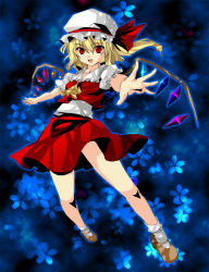 Rule 34 | 1girl, blonde hair, bobby socks, cherry blossoms, female focus, flandre scarlet, floral background, forest, fragran0live, hat, mary janes, nature, outstretched arms, ponytail, red eyes, shoes, short hair, side ponytail, socks, solo, embodiment of scarlet devil, touhou, wings