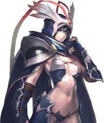Rule 34 | 1girl, aqua eyes, artist request, breasts, chaos online, cloak, cowboy shot, darae, fingerless gloves, gloves, hood, large breasts, looking at viewer, midriff, navel, official art, solo, transparent background