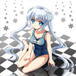 Rule 34 | 10s, 1girl, artistic error, bad reflection, blue eyes, checkered floor, floor, highres, kenkou toshikou, long hair, miss monochrome, miss monochrome (character), one-piece swimsuit, reflection, school swimsuit, silver hair, solo, star-shaped pupils, star (symbol), swimsuit, symbol-shaped pupils, twintails, very long hair