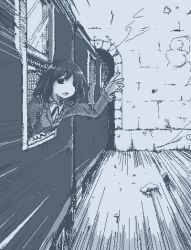 Rule 34 | 1girl, black skirt, blue theme, emphasis lines, hamsterfragment, long sleeves, looking at viewer, medium hair, monochrome, no nose, open mouth, original, outdoors, rock, skirt, solo, suicide, train, tunnel, waving, window
