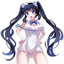 Rule 34 | &gt;:d, 10s, 1girl, :d, blue eyes, blush stickers, breasts, cleavage, dungeon ni deai wo motomeru no wa machigatteiru darou ka, female focus, hair ribbon, hands on own hips, hestia (danmachi), large breasts, long hair, mahou kyuuri, no gloves, open mouth, rei no himo, ribbon, simple background, smile, solo, twintails, v-shaped eyebrows, white background