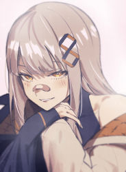 Rule 34 | 1girl, bandaid, bandaid on face, bandaid on nose, blush, chinese commentary, collarbone, eyebrows hidden by hair, grey hair, hachi (live union), halterneck, highres, jacket, live union, long hair, longlong (drasdr7513), looking at viewer, orange eyes, portrait, smile, solo, virtual youtuber, white background, white jacket