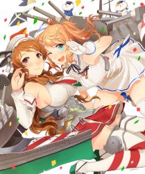Rule 34 | 10s, 2girls, ;d, anchor, aqua eyes, bare shoulders, black ribbon, blush, borrowed character, breasts, brown eyes, brown hair, confetti, corset, detached sleeves, dress, finland, flag, floating hair, garter straps, gloves, hat, kantai collection, large breasts, littorio (kancolle), long hair, long sleeves, medal, miniskirt, multicolored clothes, multiple girls, neck ribbon, necktie, one eye closed, open mouth, original, ponytail, red skirt, ribbon, rm littorio, sailor dress, sailor hat, shirt, short dress, sideboob, skirt, sleeveless, sleeveless shirt, smile, string of flags, striped clothes, striped legwear, striped thighhighs, swept bangs, thighhighs, turret, waniwani, white dress, white gloves, white legwear, zettai ryouiki
