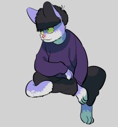 Rule 34 | 1boy, animal hands, barefoot, black pants, cat boy, colored sclera, furrification, furry, furry male, grey background, invisible chair, knee up, long sleeves, looking to the side, male focus, matsuno ichimatsu, ojimahonpo, osomatsu-san, pants, purple fur, purple sweater, simple background, sitting, smile, sweater, yellow sclera